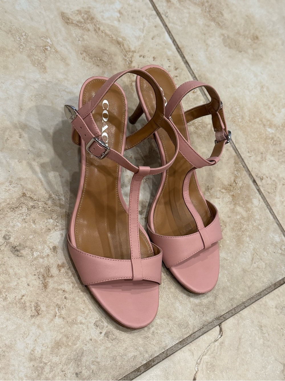 Coach Pink Leather T-Strap Mid-Heels